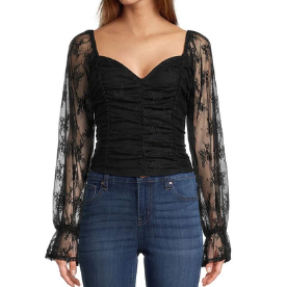 Self Esteem Black Shirred Bodice Blouson Sleeves Crop Top Size XL Goth Feminine